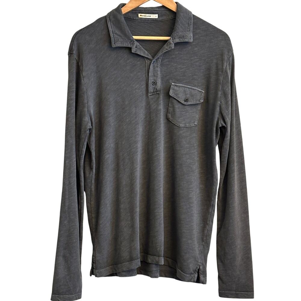 Marine Layer Men’s Long Sleeve Polo Shirt Small Washed Charcoal Pocket